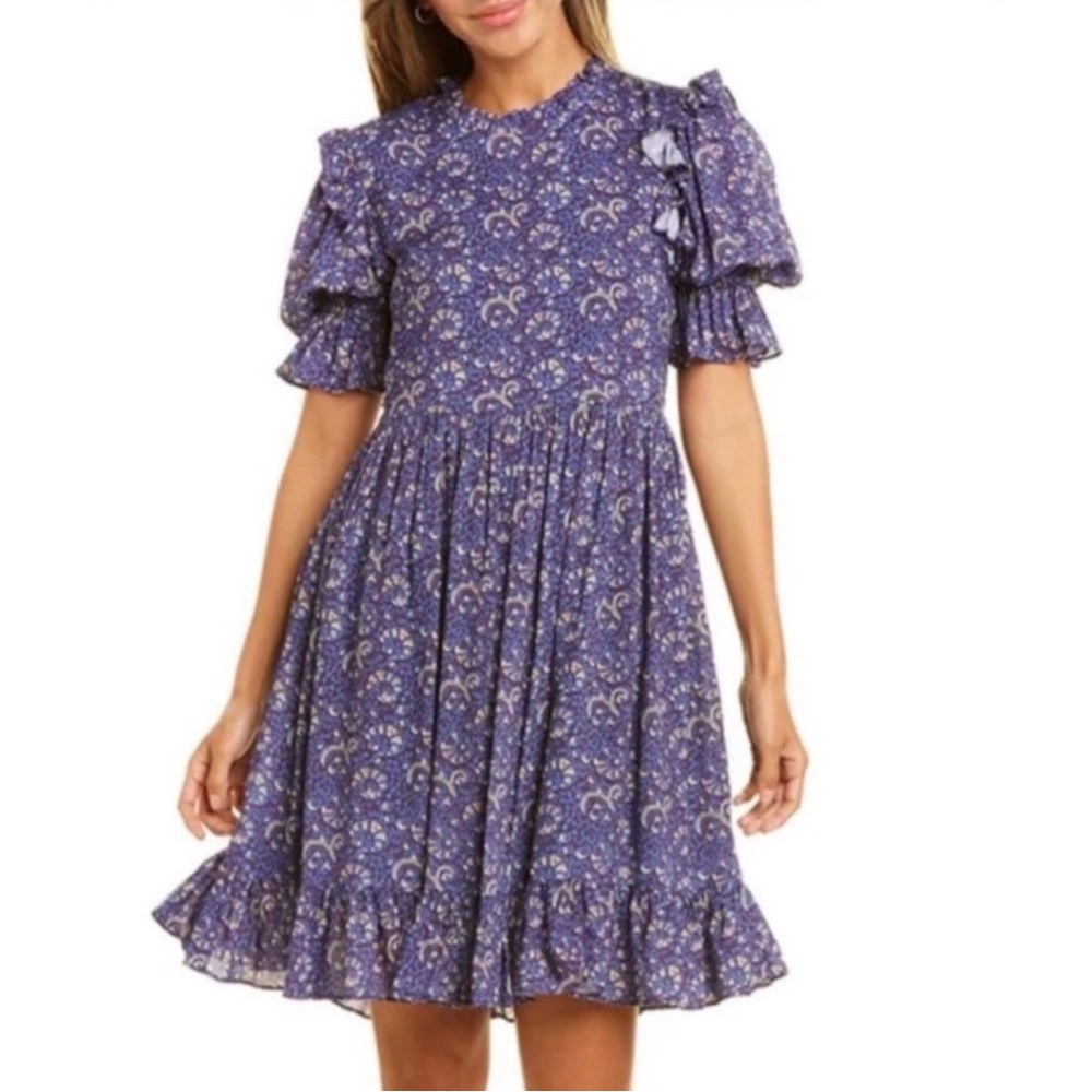 Celina Moon “Moon Floral” Puff-Sleeve Ruffle Dress Light Purple Size Small NEW